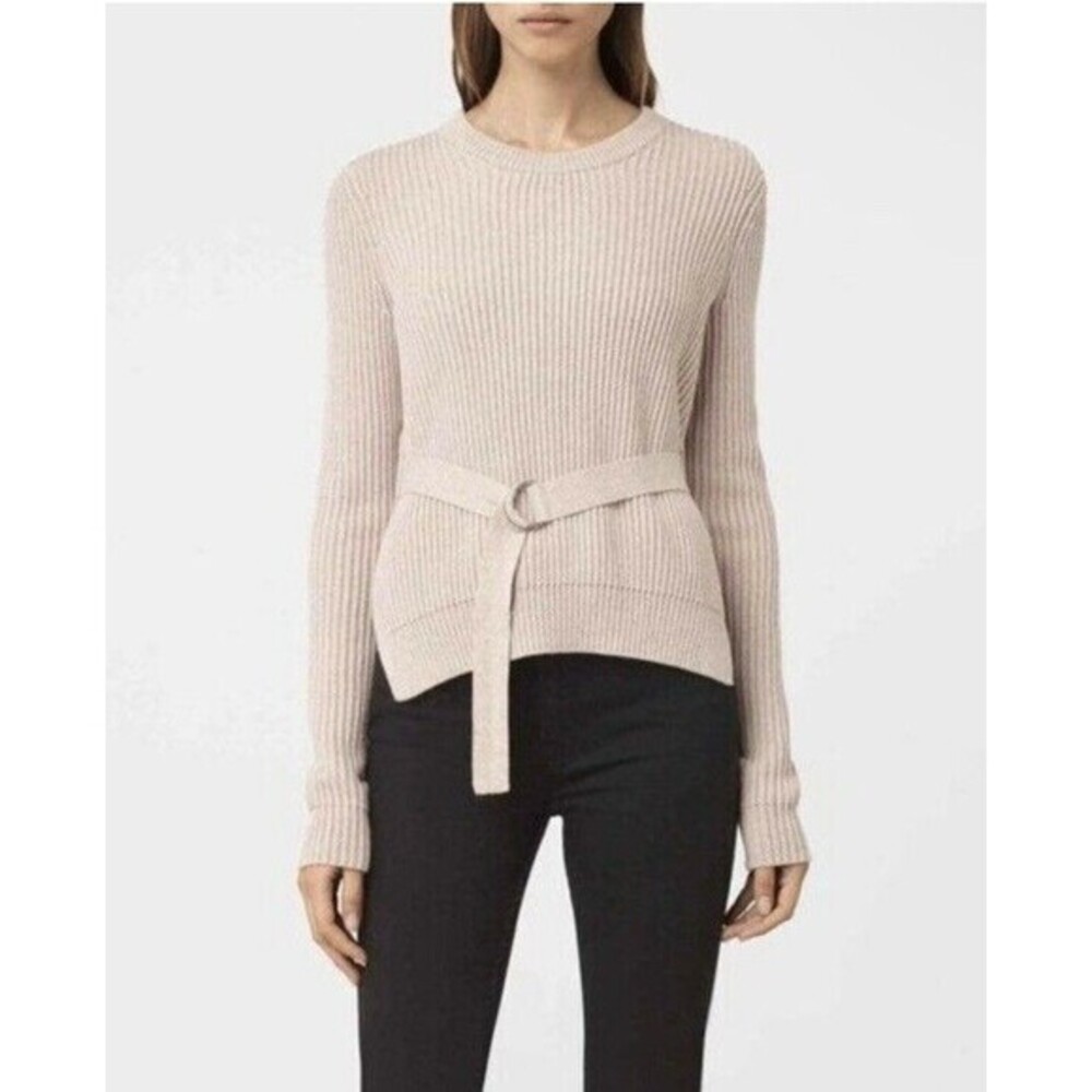 AllSaints East Jumper Ribbed Knit Sweater Belted Split Hem Light Gray Size M
